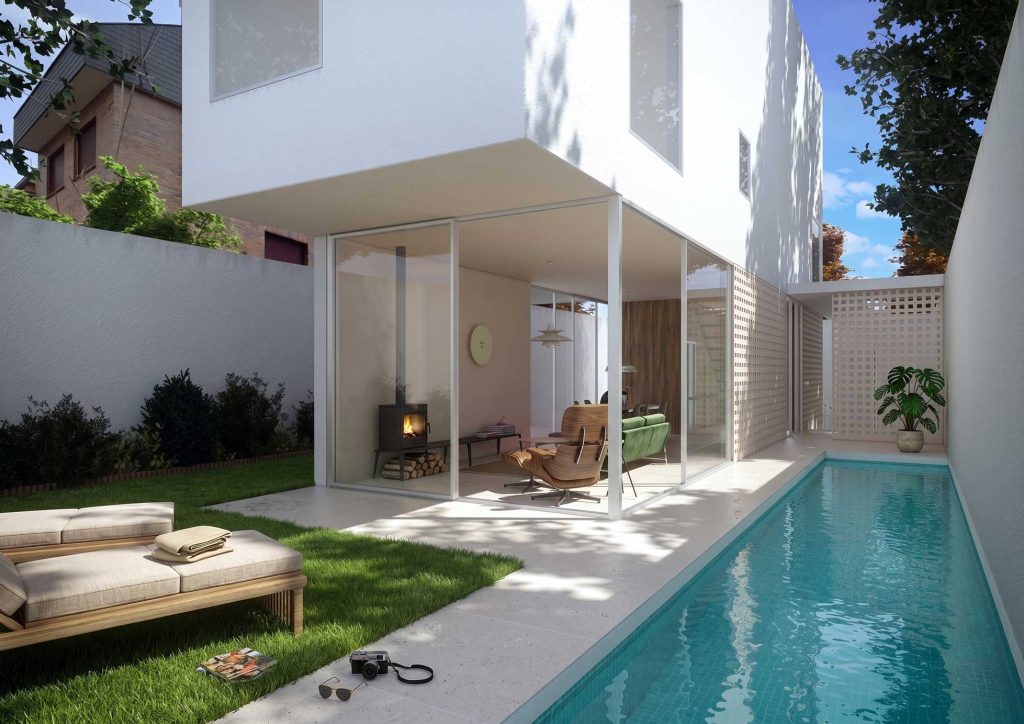 Casa moderna con piscina y área de descanso, perfecta para reformas y construcciones al aire libre.